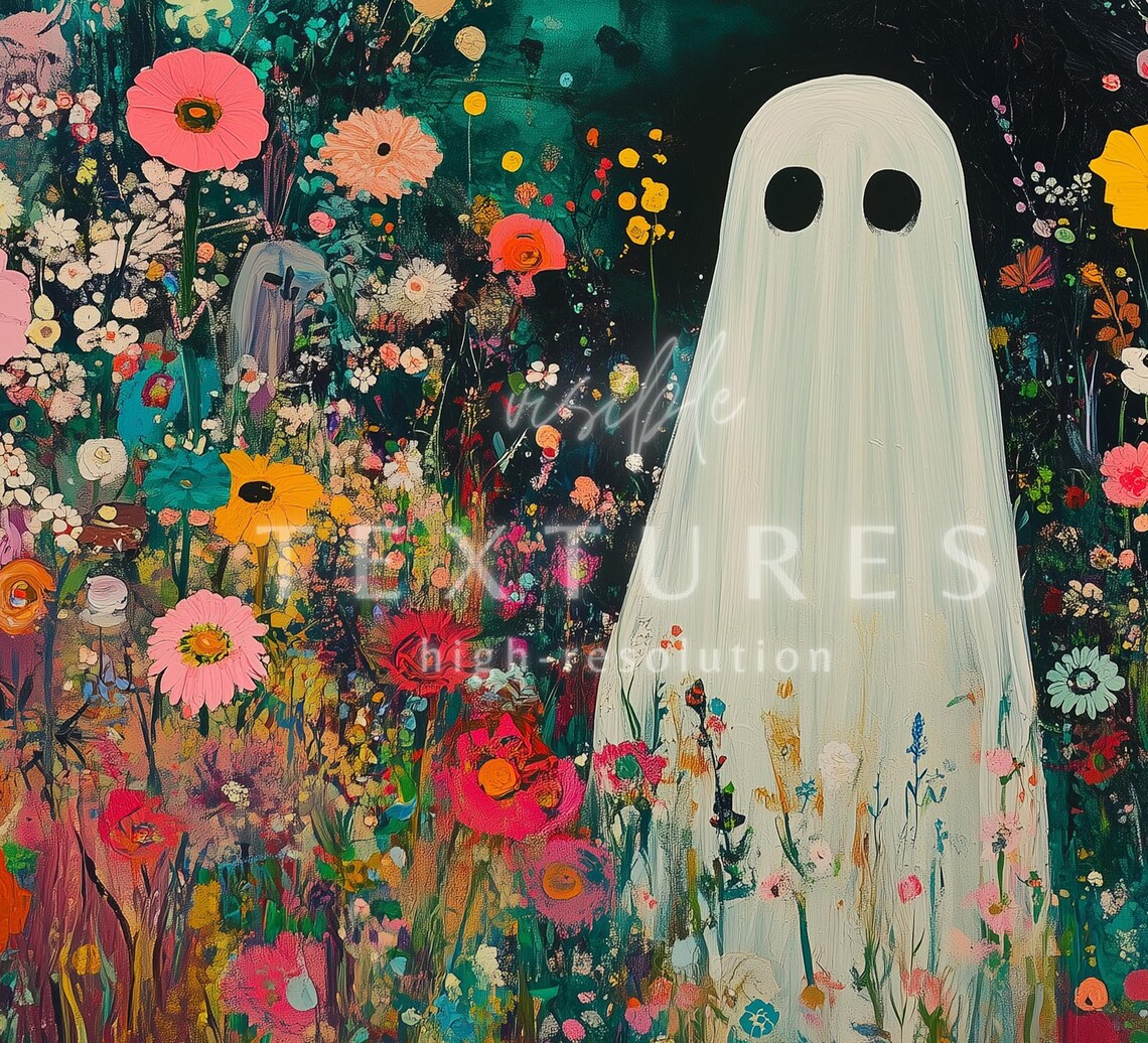 Ghost Among Colorful Wildflowers Bright Floral Halloween TV Art - Image 2