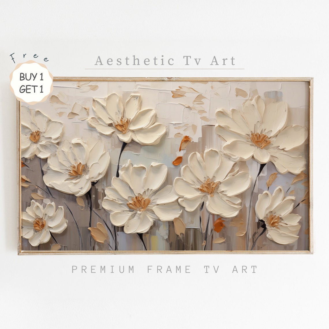 Cream Wildflowers Textured Impasto Neutral Farmhouse Oil Poster