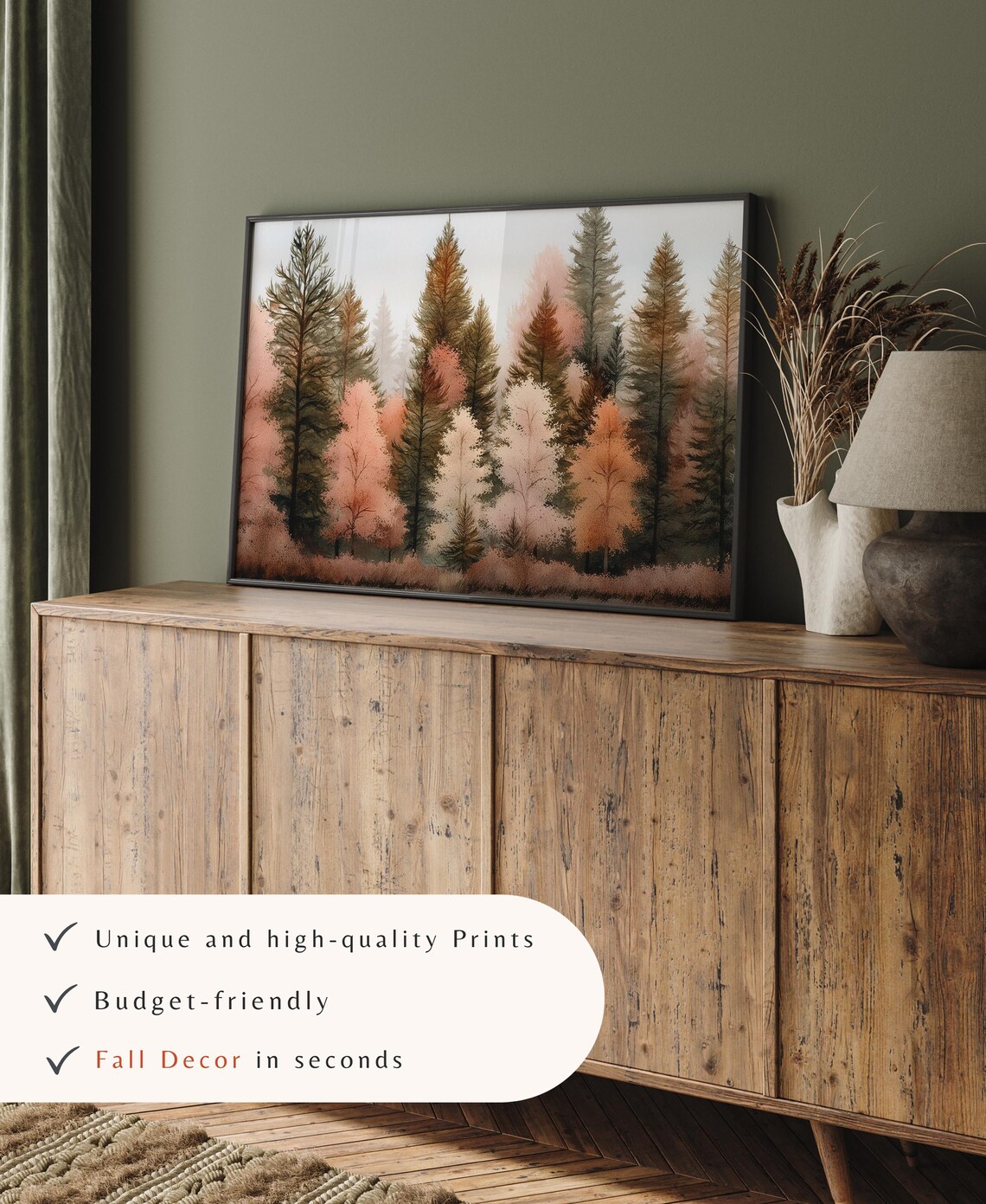 Neutral Autumn Pine Forest Watercolor Fall Farmhouse Wall Art Print - Image 3