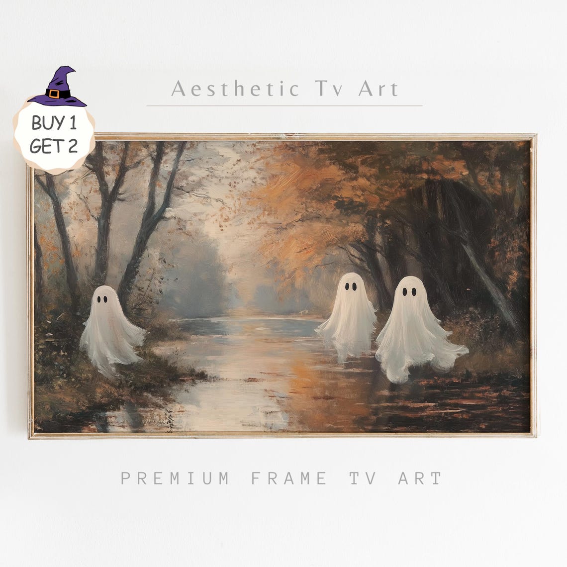Three Ghosts by Misty Autumn River Golden Forest Halloween TV Art