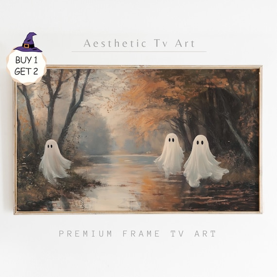 Three Ghosts by Misty Autumn River Golden Forest Halloween TV Art