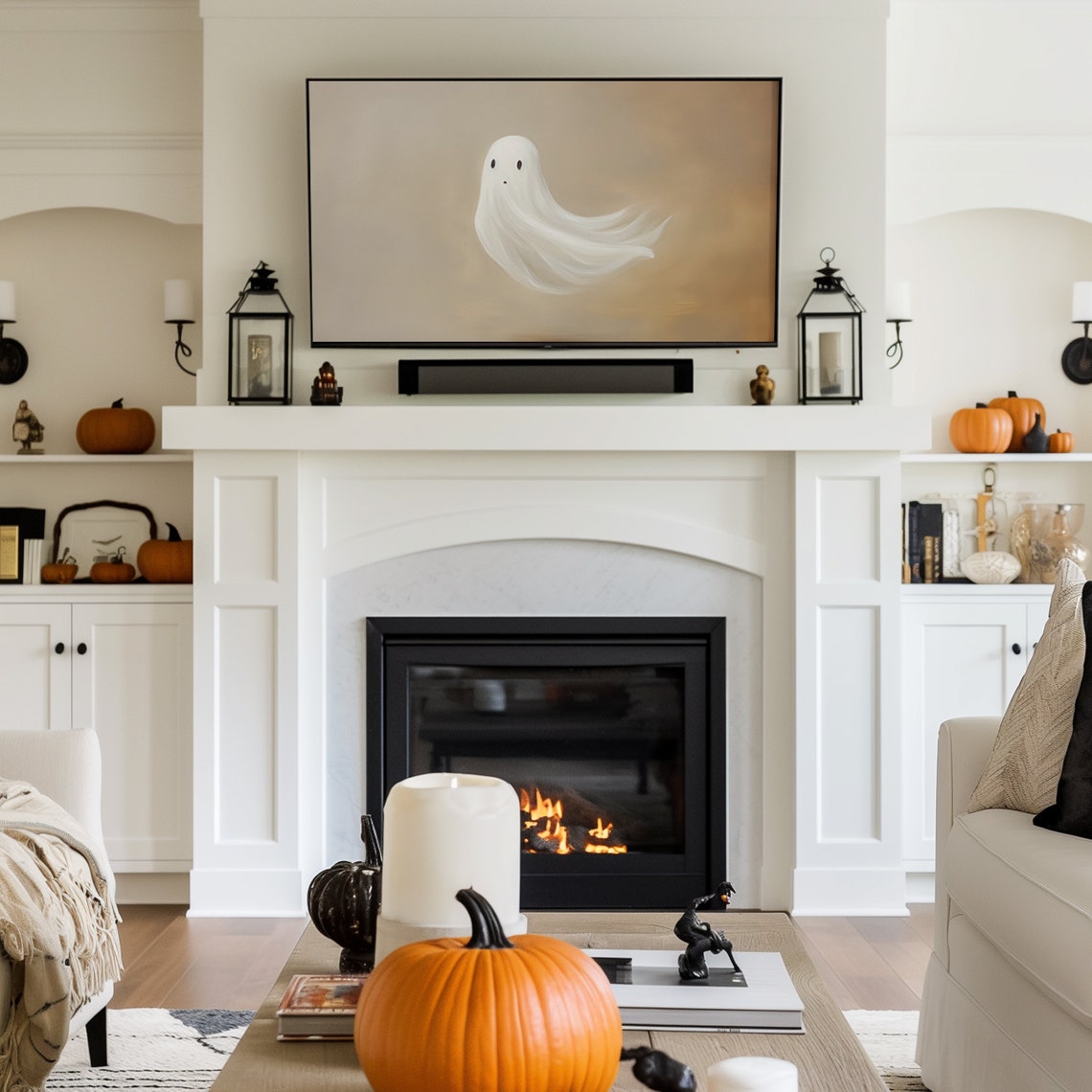 Cute Minimalist Ghost Neutral Beige Halloween Frame TV Art Poster - Image 2