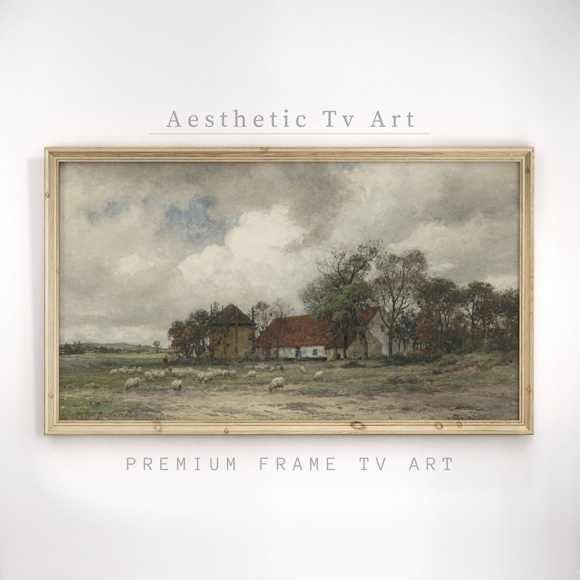 Moody Vintage Farmhouse Sheep Pasture Cloudy Sky Landscape Poster - Image 3