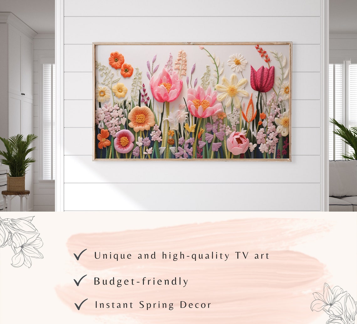 Embroidered Pink Peonies Tulips Textured Spring Flower Art Poster - Image 3
