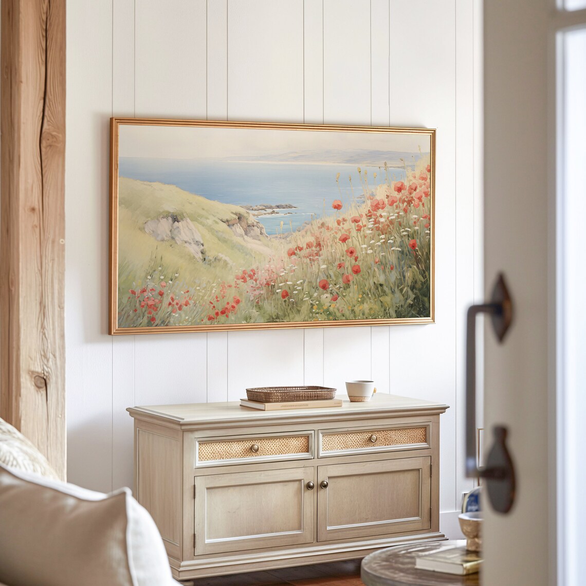 Coastal Poppy Field Cliffs Ocean Bay Vintage Summer Landscape Poster - Image 3