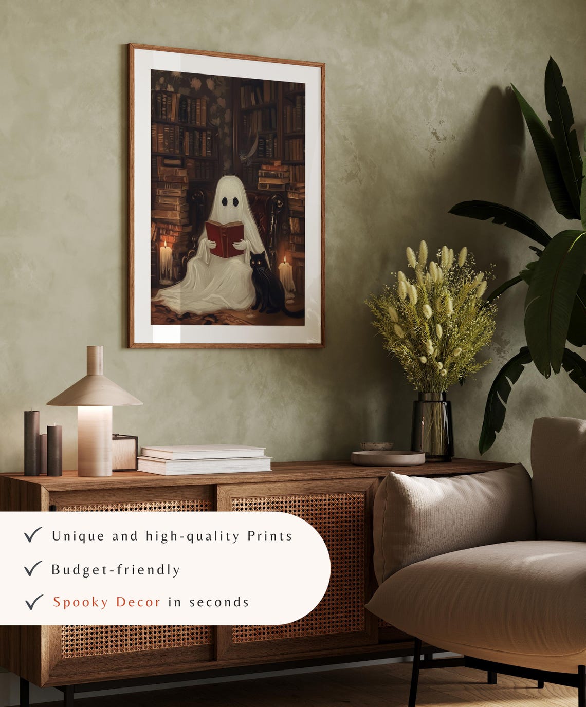 Ghost In The Library Halloween Art Vintage Ghost Painting Halloween Decor Cute Ghost Halloween Print - Image 4