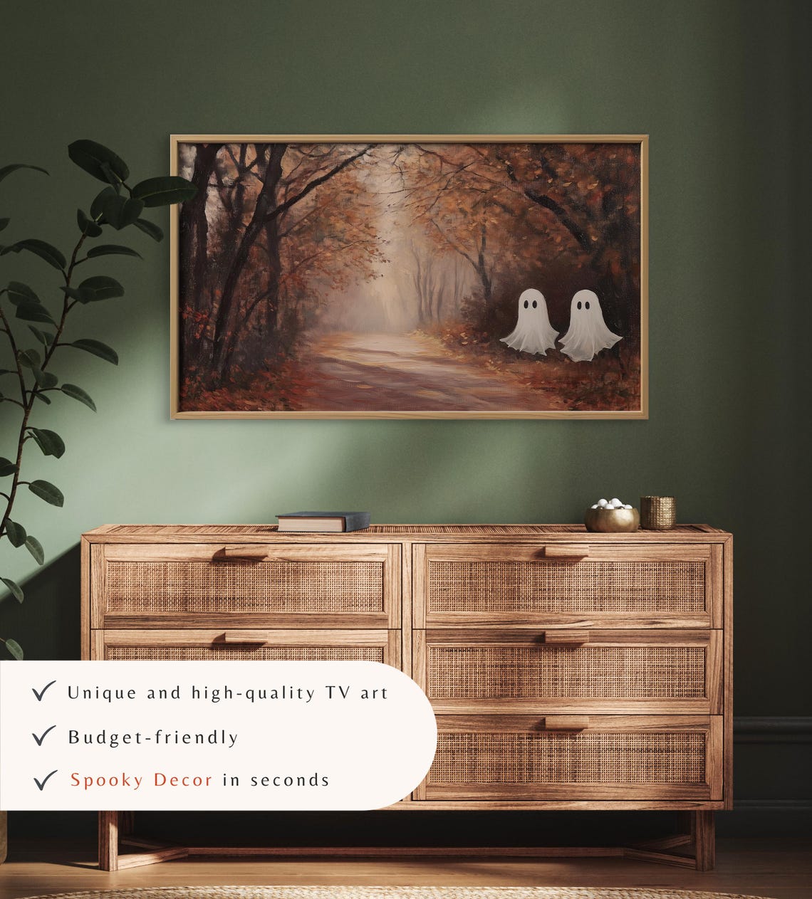 Two Ghosts on Misty Autumn Forest Road Vintage Halloween TV Art - Image 3