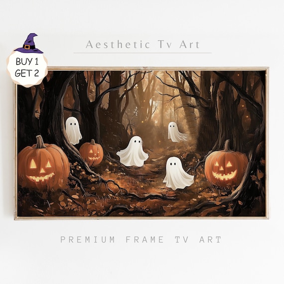 Ghosts in Dark Forest with Glowing Pumpkins Halloween TV Art Poster
