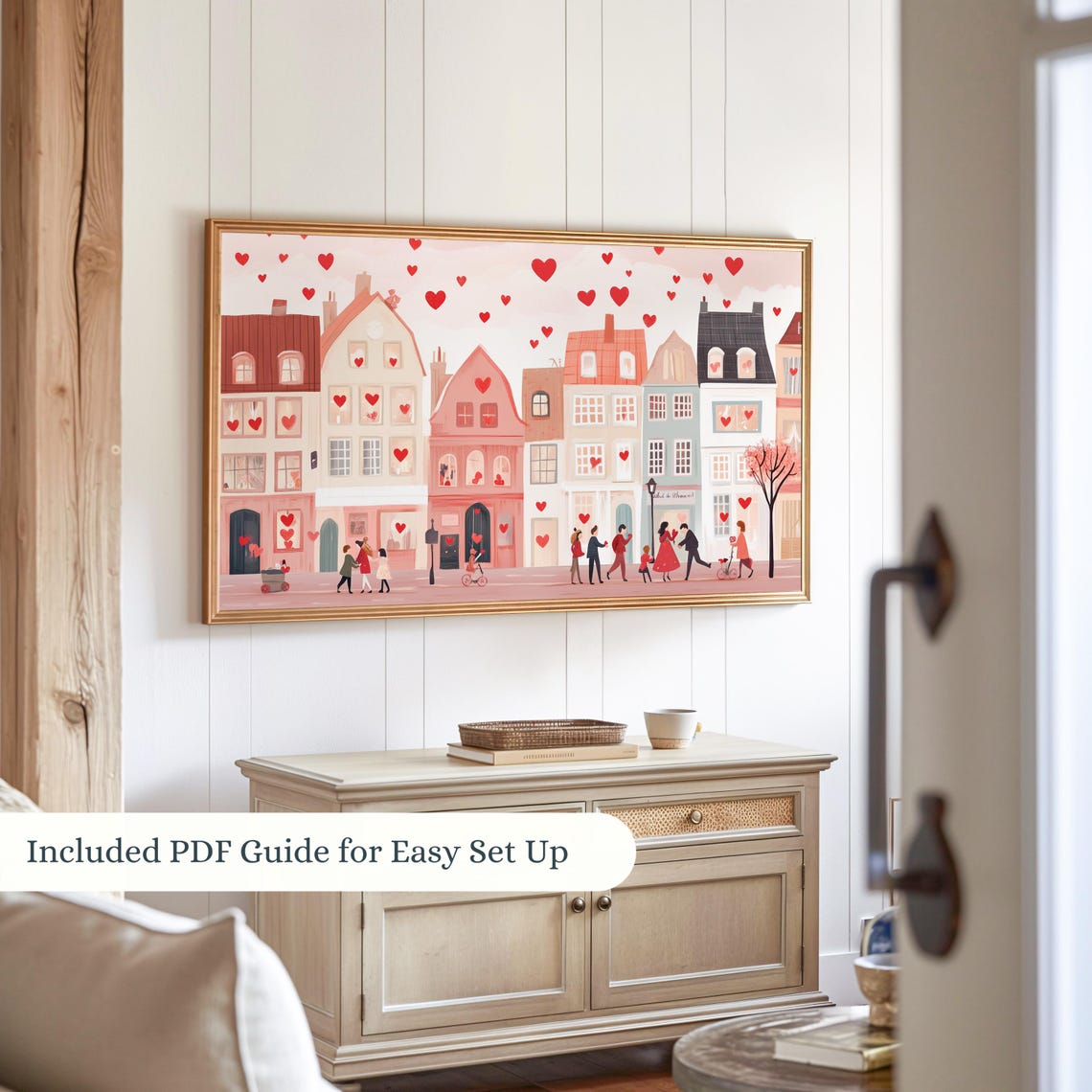 Pink Romantic Valentines Day Village Frame Tv Art Heart Filled Neighborhood Scene For Frame Tv Cute Art For Tv Seasonal Holiday Decor