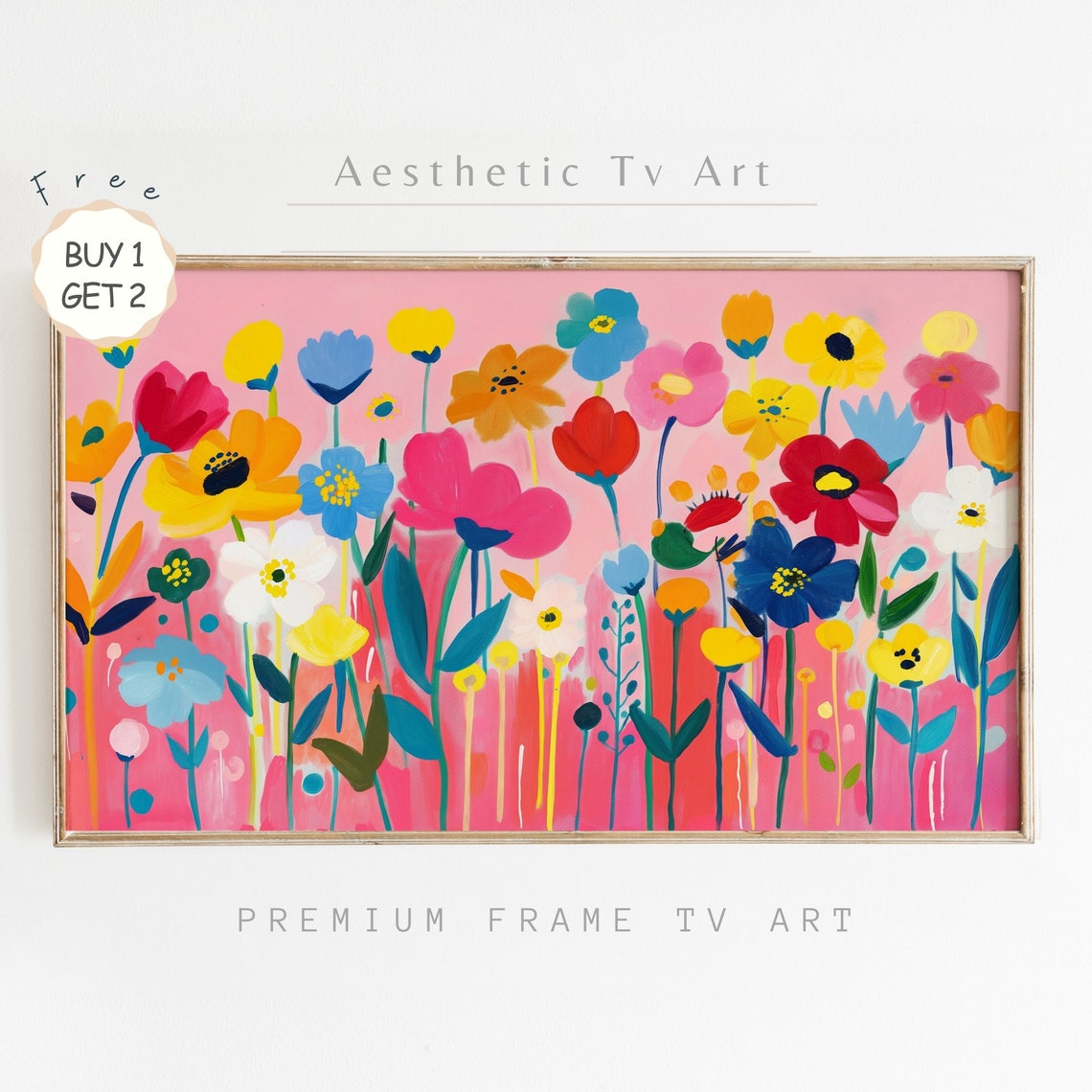 Whimsical Colorful Flower Garden Bright Pink Folk Art Wall Poster