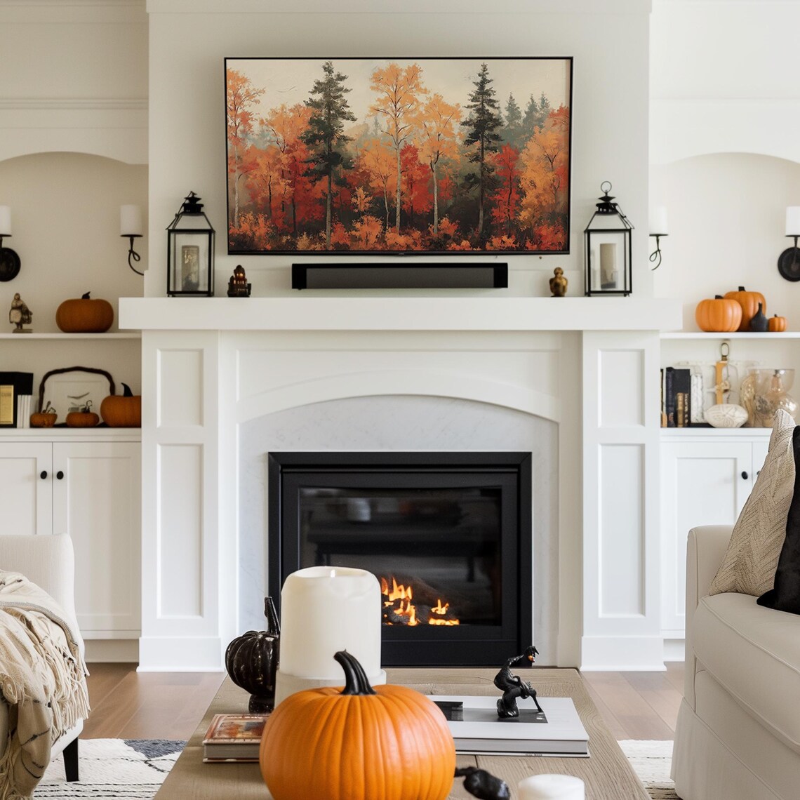 Vibrant Autumn Birch Pine Forest Fall Colors Oil Painting TV Art - Image 2