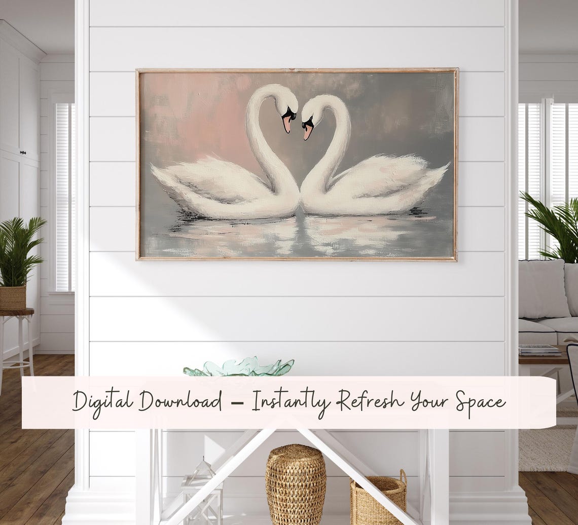 Romantic White Swans Heart Necks Blush Pink Valentine Love Wall Art - Image 2