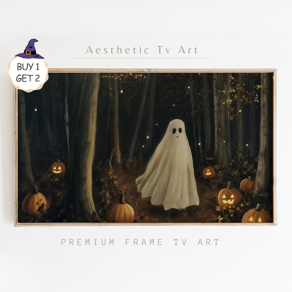 Cute Ghost Dark Spooky Forest Jack O Lanterns Pumpkins Halloween Poster
