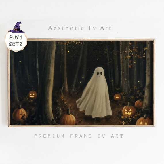 Halloween Frame Tv Art Cute Vintage Ghost In A Spooky Forest Halloween Art For Tv Pumpkins Painting Halloween Decor