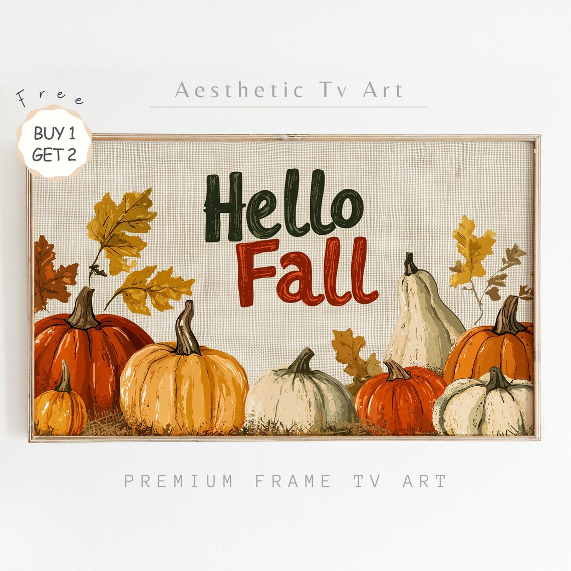 Hello Fall Pumpkins Gourds Sign Cozy Autumn Harvest Farmhouse TV Art