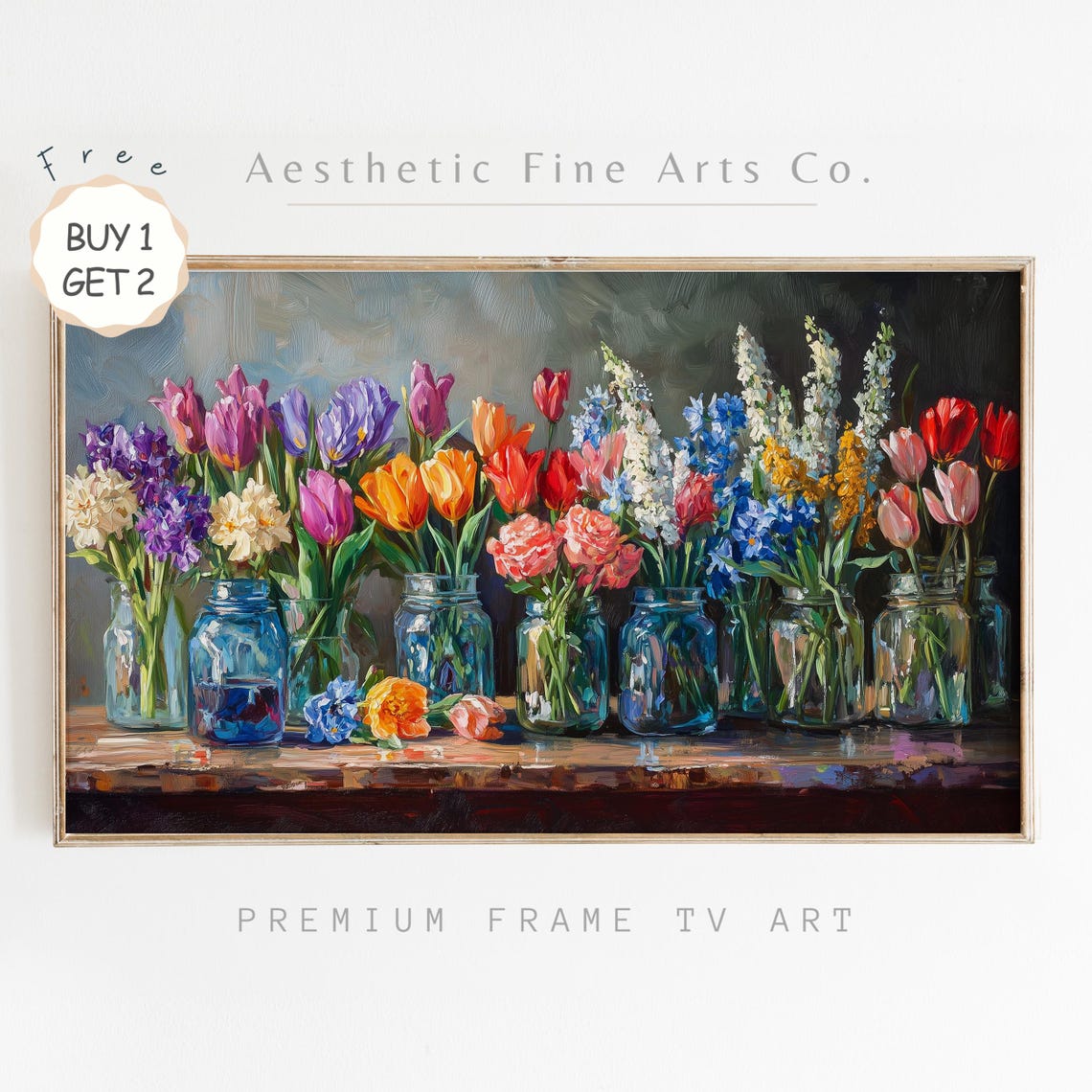 Colorful Spring Flowers In Glass Jars On Wooden Table Art Poster