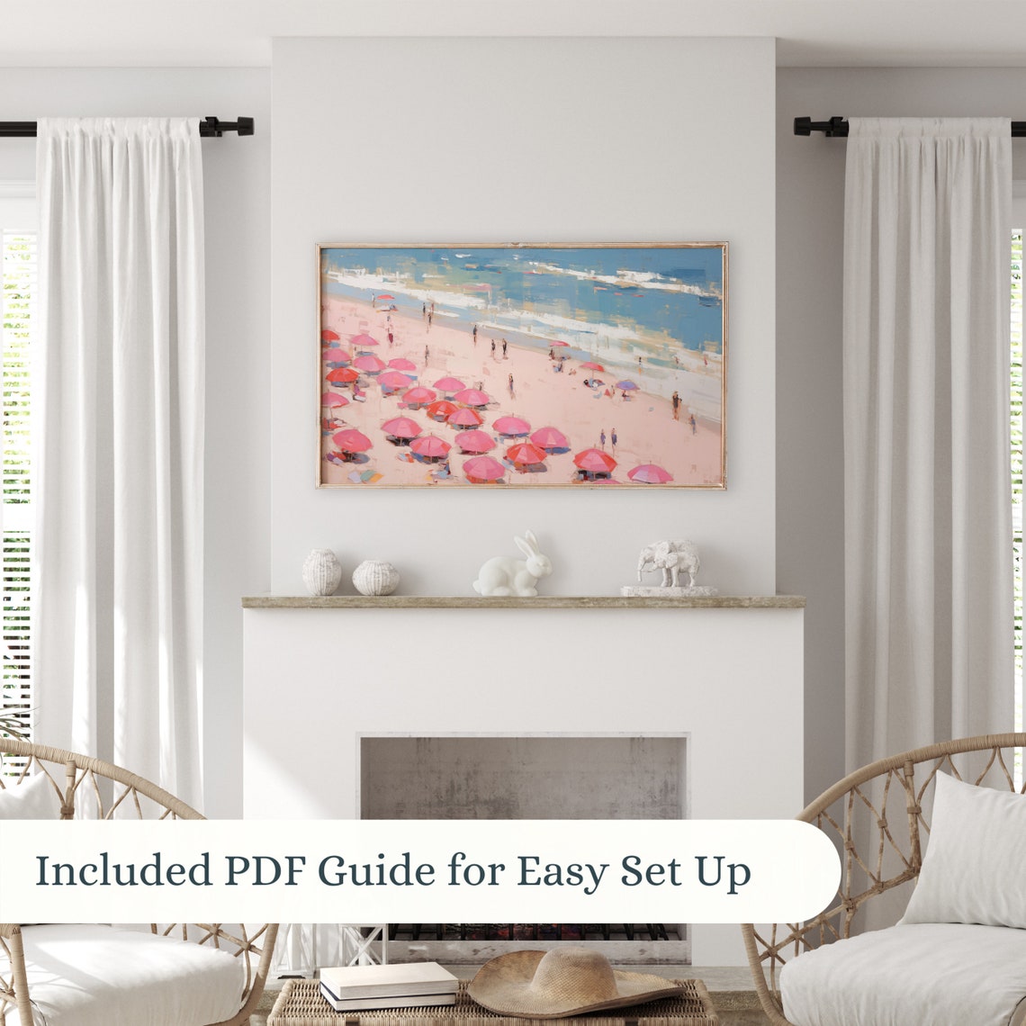 Pink Beach Umbrellas Aerial Summer Shoreline Coastal Scene Poster - Image 3