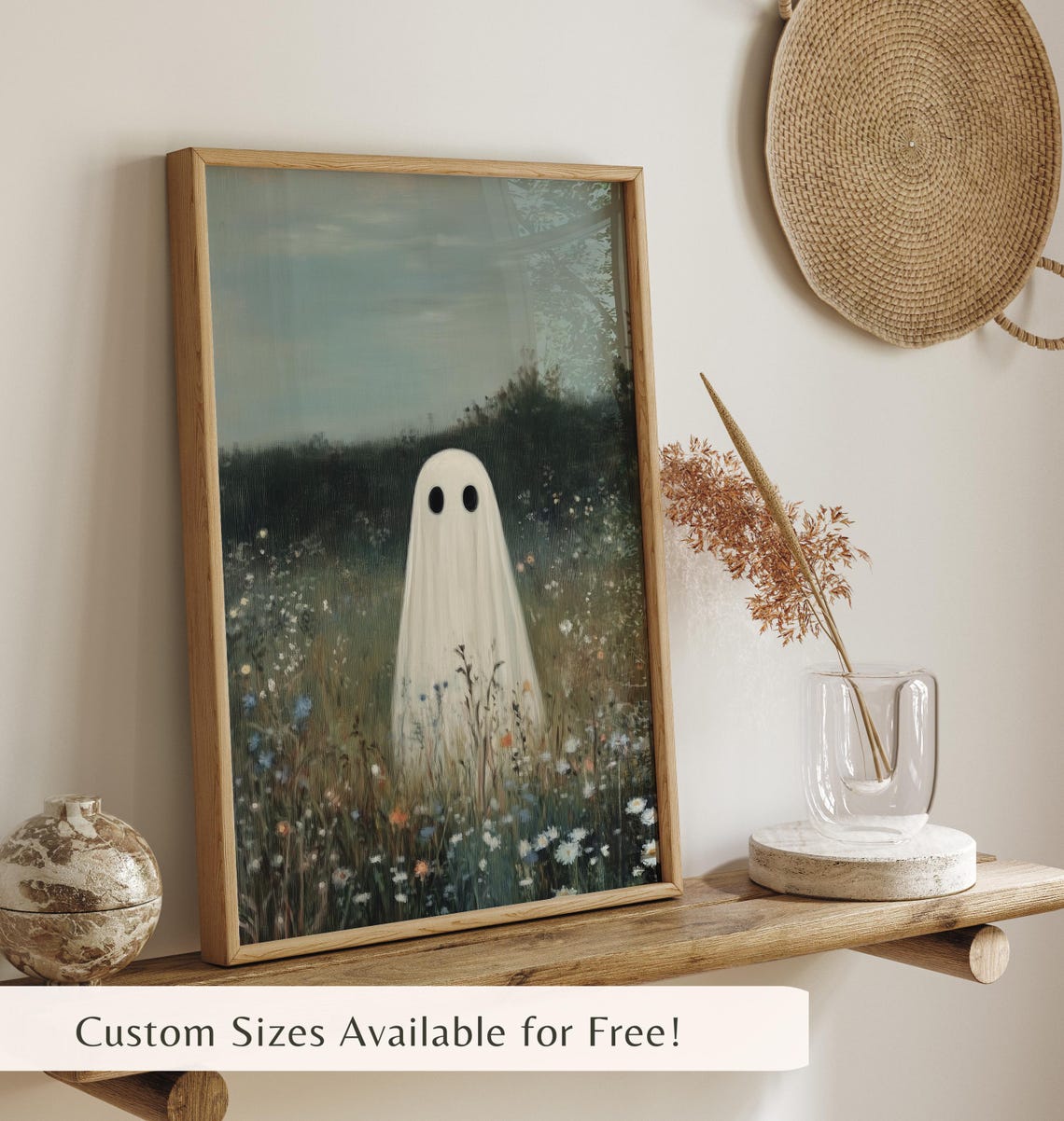 Cute Ghost In Wildflower Meadow At Dusk Vintage Halloween Art Poster - Image 4