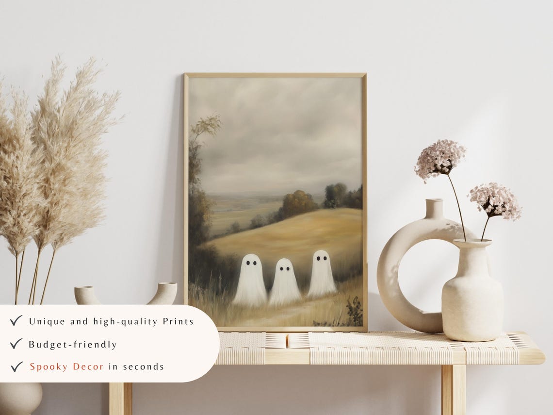 Vintage Halloween Wall Art Minimalist Halloween Wall Art Spooky Cute Ghosts In Moody Landscape Art Instant - Image 4