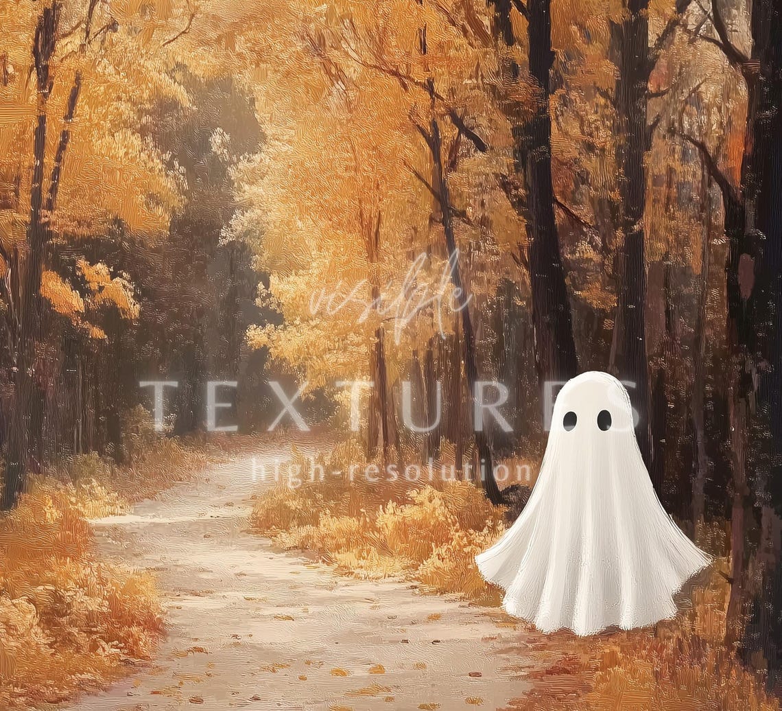 Cute Ghost on Golden Autumn Path Vintage Halloween TV Art Poster - Image 2