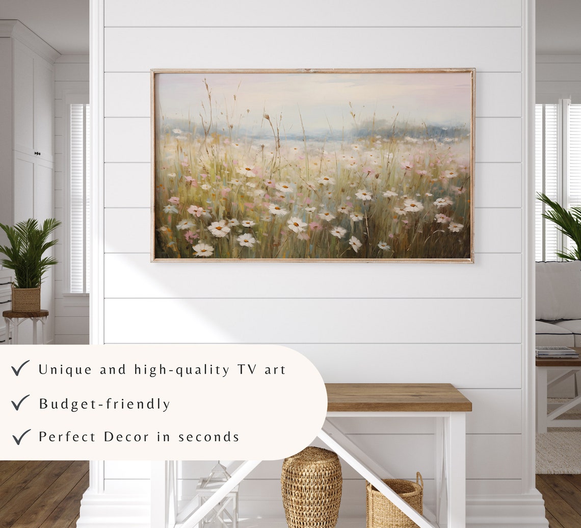 Pink and White Wildflower Field Landscape Soft Pastel Meadow Wall Art - Image 3