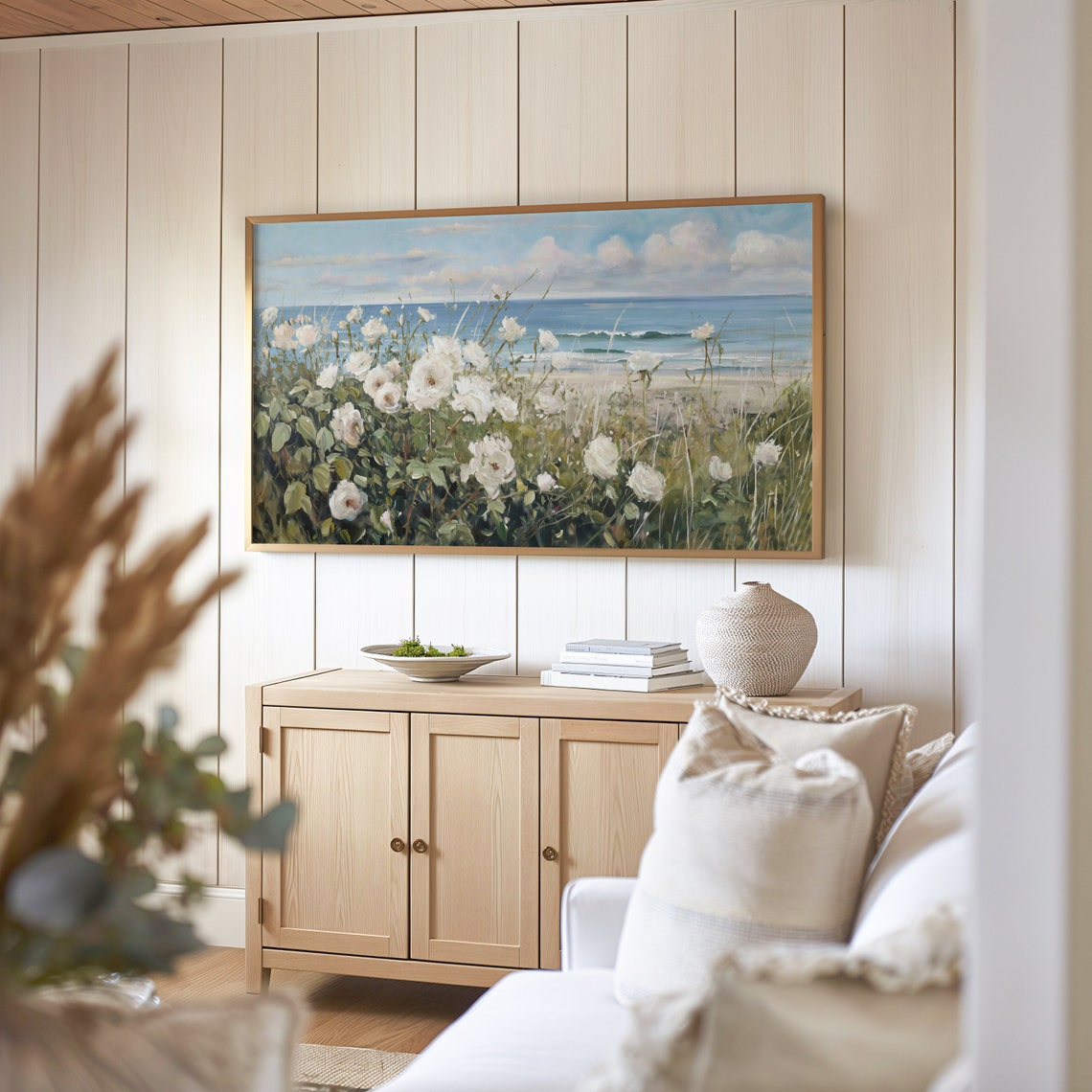 White Coastal Wildflowers Ocean View Beach Cottage Garden Poster - Image 3