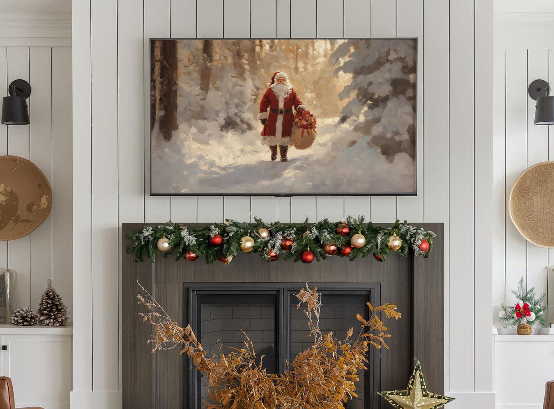 Vintage Christmas Frame Tv Art Santa Claus Art For Tv Farmhouse Painting Christmas Holiday Decor Tv Art - Image 3