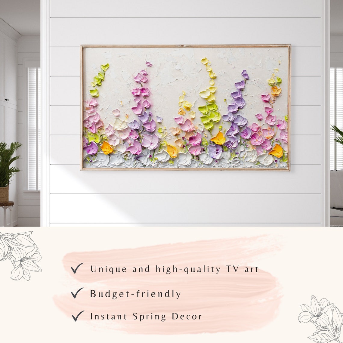 Textured Impasto Spring Wildflowers Pastel Petals 3D Oil Wall Art - Image 3