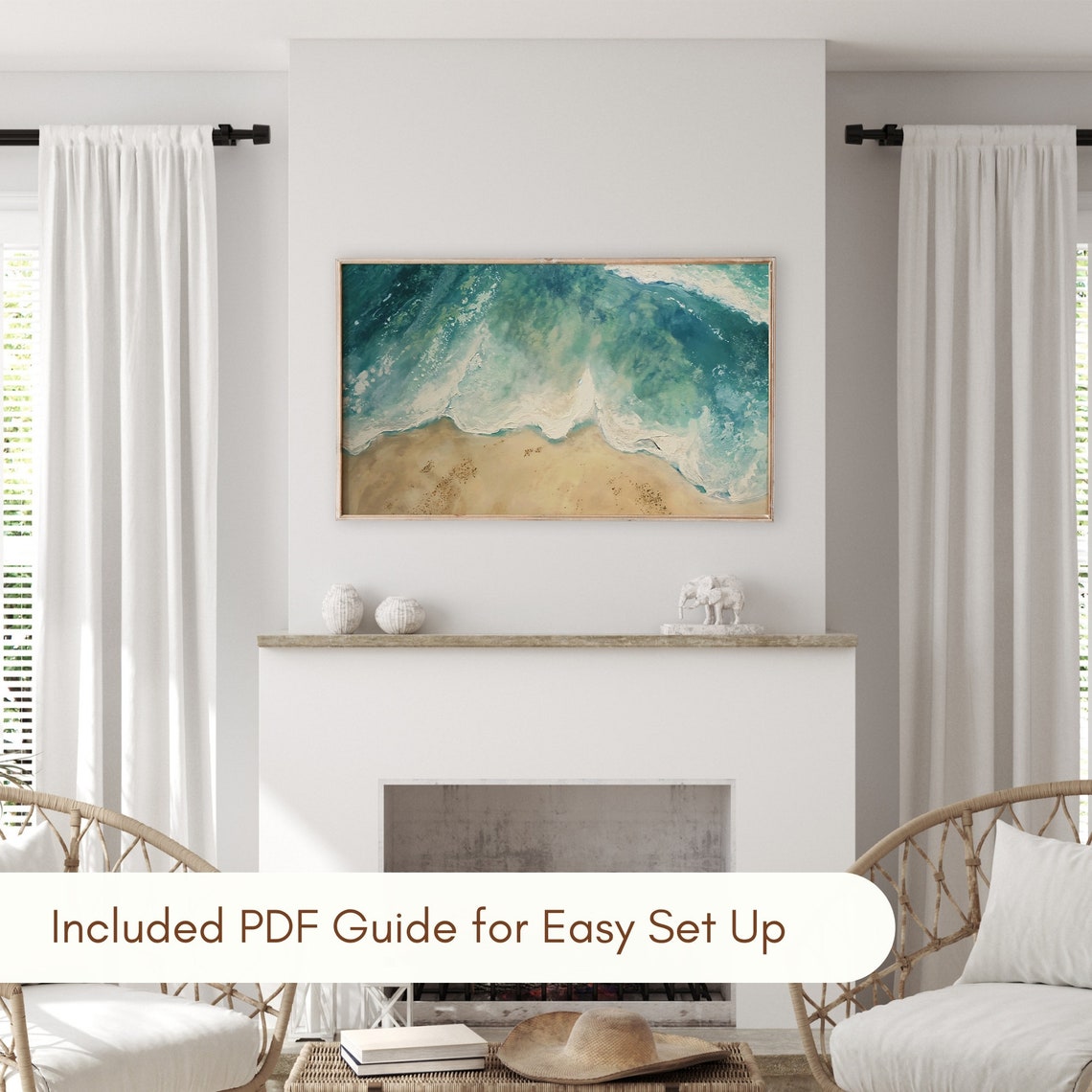 Aerial Turquoise Beach Waves White Foam Soft Toned Ocean Poster - Image 3