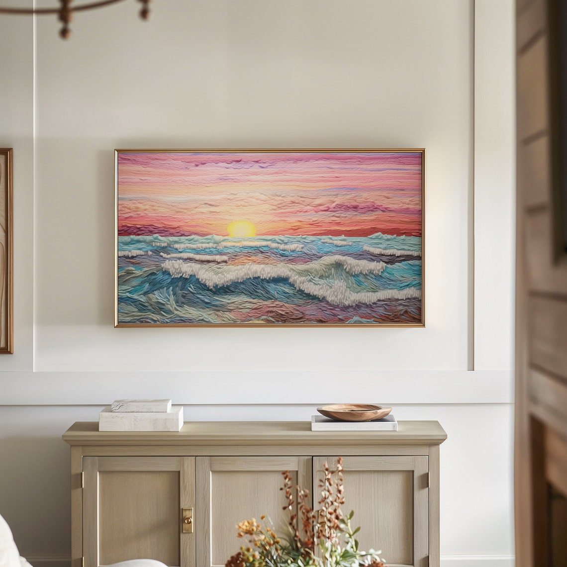 Embroidered Ocean Sunset Waves Pink Sky Textured Fiber Art Poster - Image 3