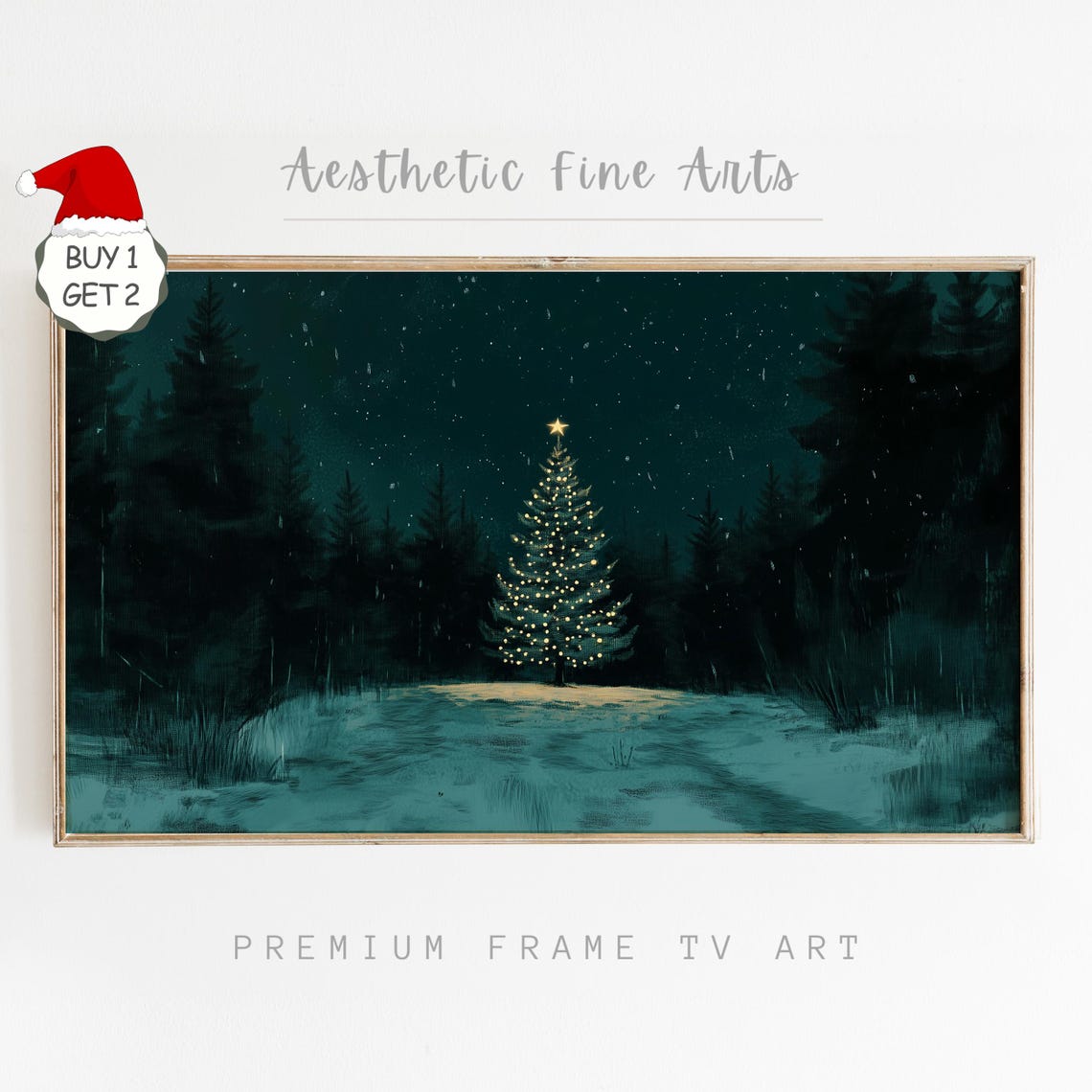 Moody Lit Christmas Tree Snowy Night Forest Star Glow Wall Art