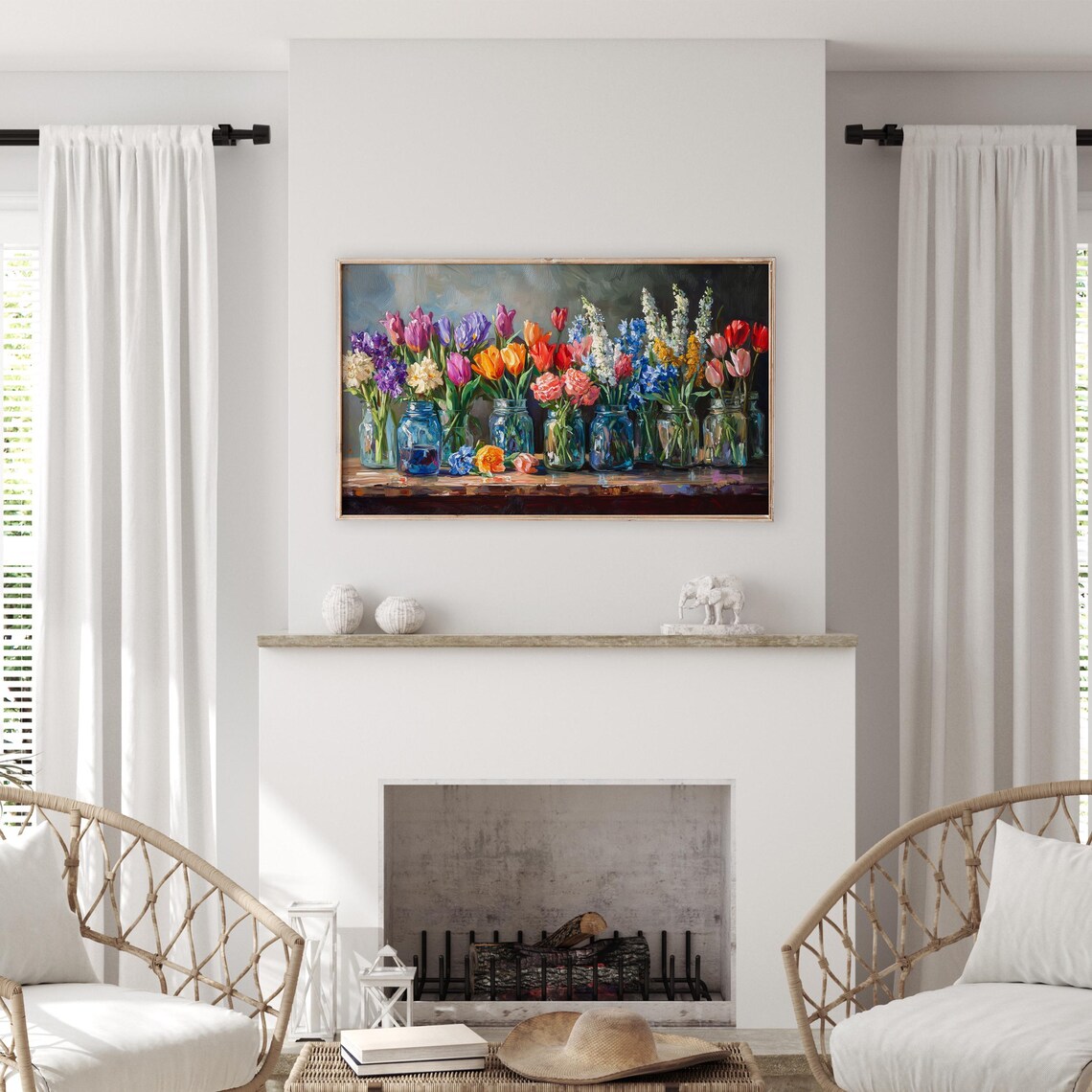 Colorful Spring Flowers In Glass Jars On Wooden Table Art Poster - Image 3