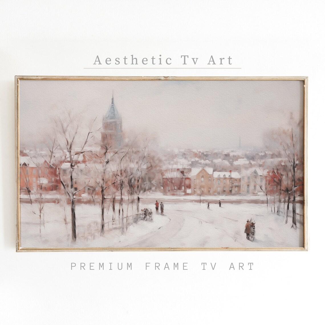 Snowy City Park Church Spire Winter Town Vintage Painting Wall Art