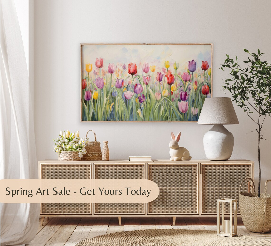 Frame Tv Art Spring Tulips Oil Painting Wildflowers Field Country Oil Painting Spring Farmhouse Decor Frame Tv - Image 3