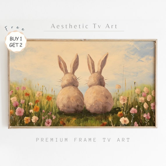 Easter Frame Tv Art Cute Easter Bunnies Oil Painting Vintage Spring Wildflowers Frame Tv Aesthetic Tv Art