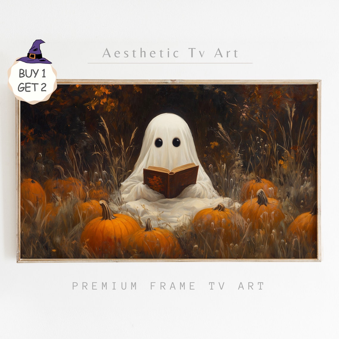 Halloween Frame Tv Art Cute Ghost Reading A Book Ghost Frame Tv Vintage Fall Landscape Neutral Farmhouse Decor