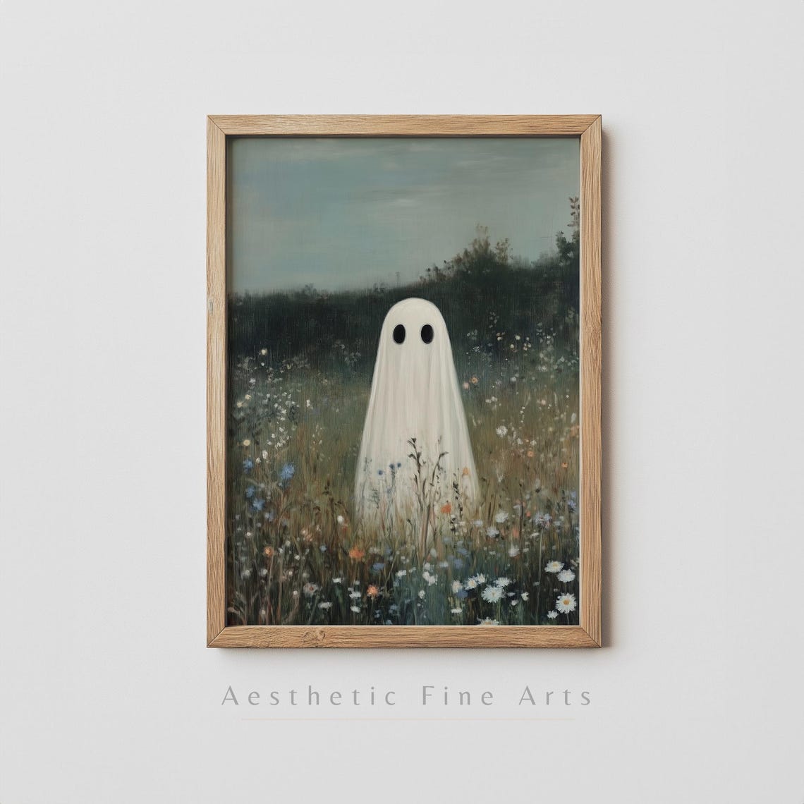 Cute Ghost In Wildflower Meadow At Dusk Vintage Halloween Art Poster