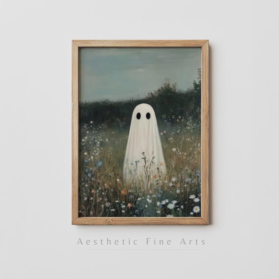 Cute Ghost In Wildflower Field Wall Art Spooky Halloween Wall Art Rustic Autumn Decor Ghost Print Art