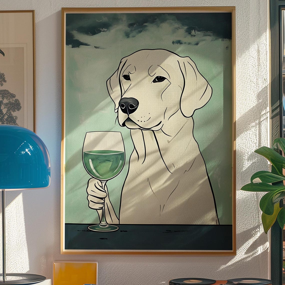 White Dog Holding Wine Glass Green Painted Funny Pet Art Poster - Image 5