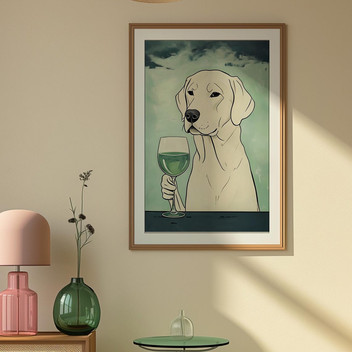 White Dog Holding Wine Glass Green Painted Funny Pet Art Poster - Image 4