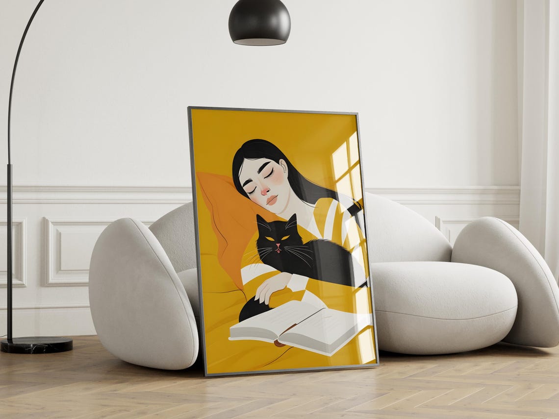 Black Cat Girl Reading With Book Yellow Japanese Illustration Poster - Image 2
