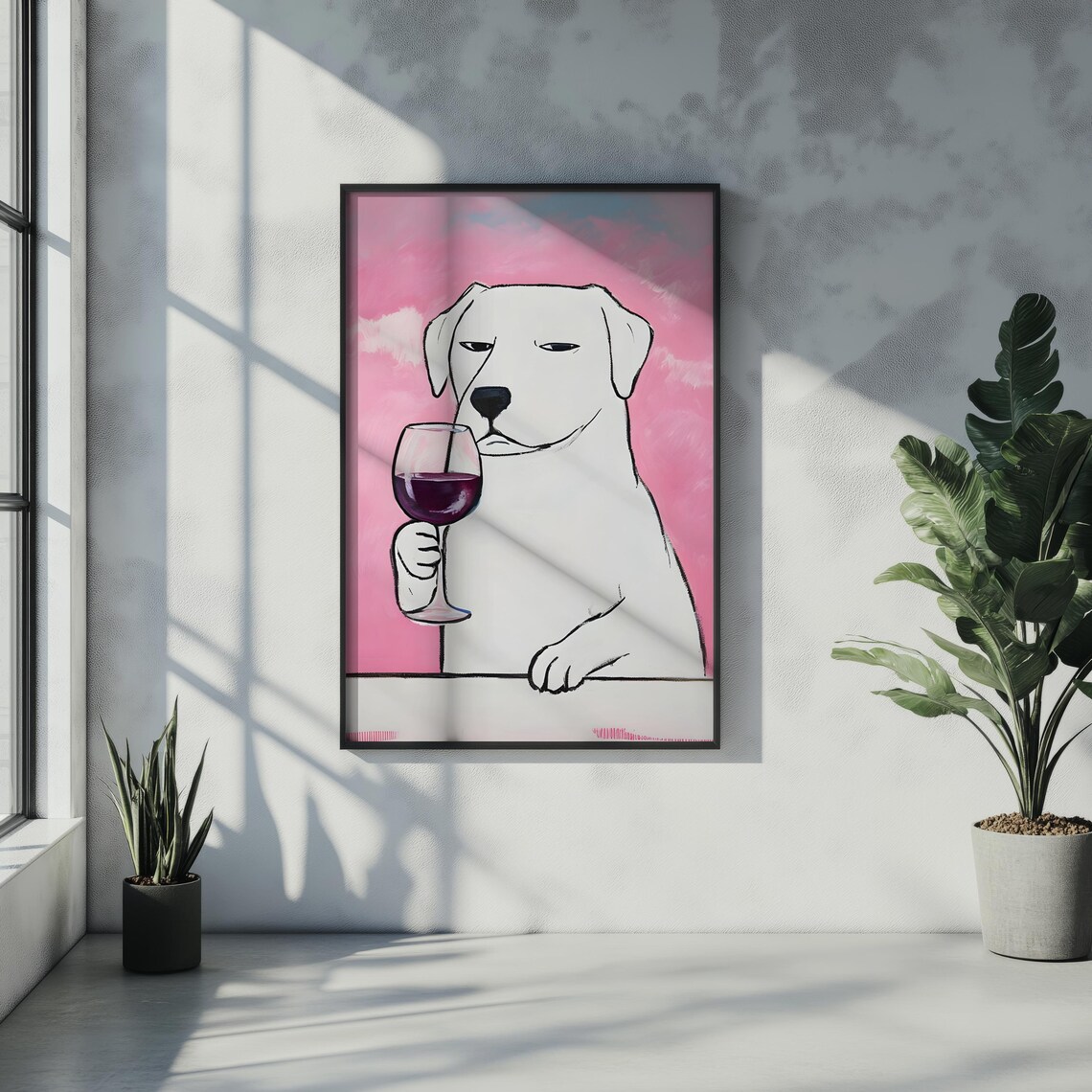 White Dog Sipping Red Wine Pink Background Funny Pet Art Poster - Image 2