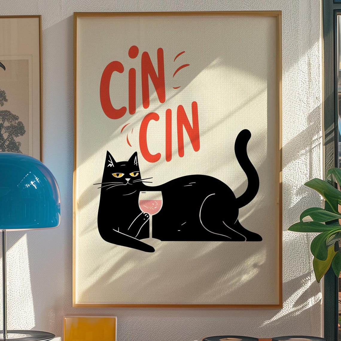 Cin Cin Black Cat Wine Glass Cheerful Retro Bar Cart Art Poster - Image 3