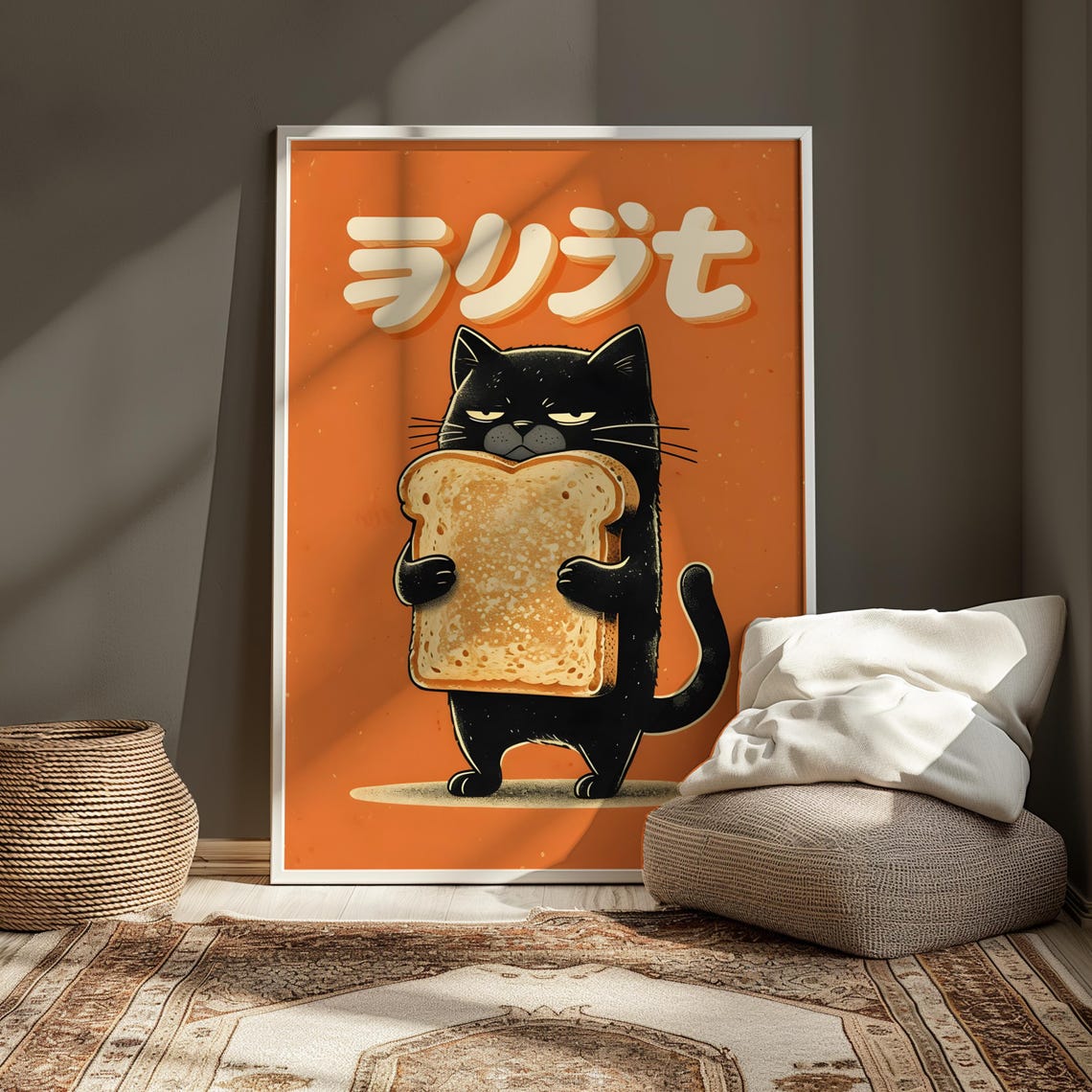 Black Cat Hugging Toast Orange Japanese Retro Kitchen Art Poster - Image 5