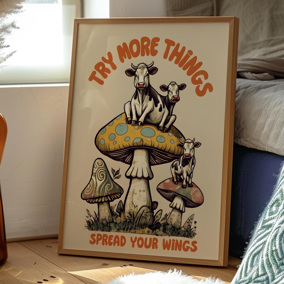 Highland Cows On Mushrooms Try More Things Inspirational Art Poster - Image 2