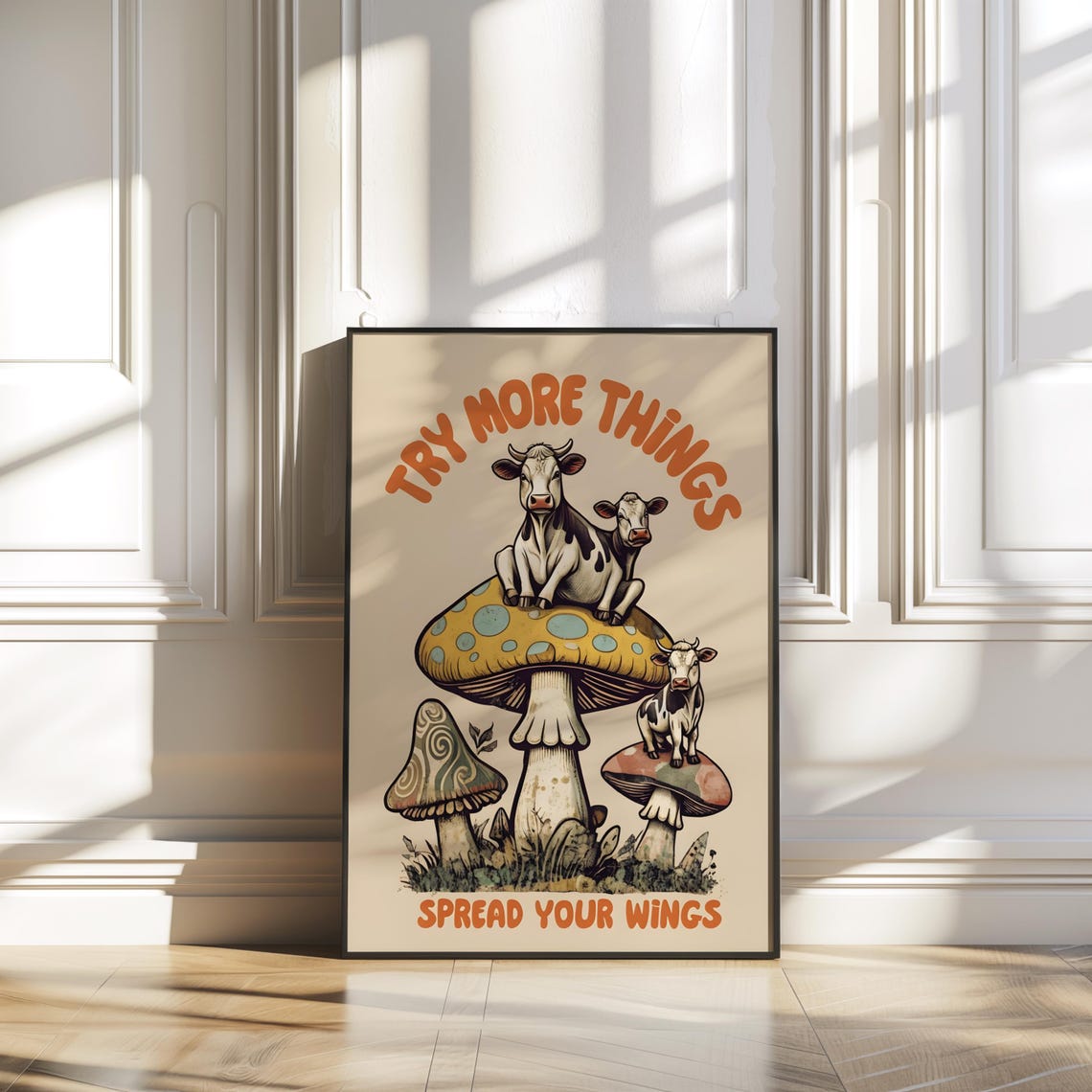 Highland Cows On Mushrooms Try More Things Inspirational Art Poster