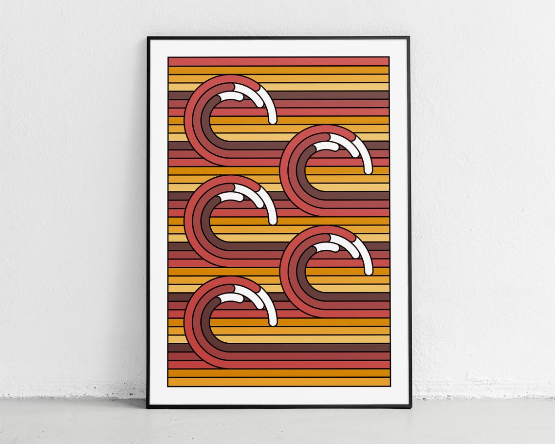 Big Sunset Waves Retro Stripe Ocean Surf Warm Coastal Art Poster
