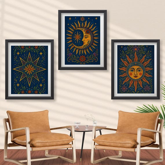 Celestial Trio Poster Print Set X3 Sun Moon And Star Wall Art