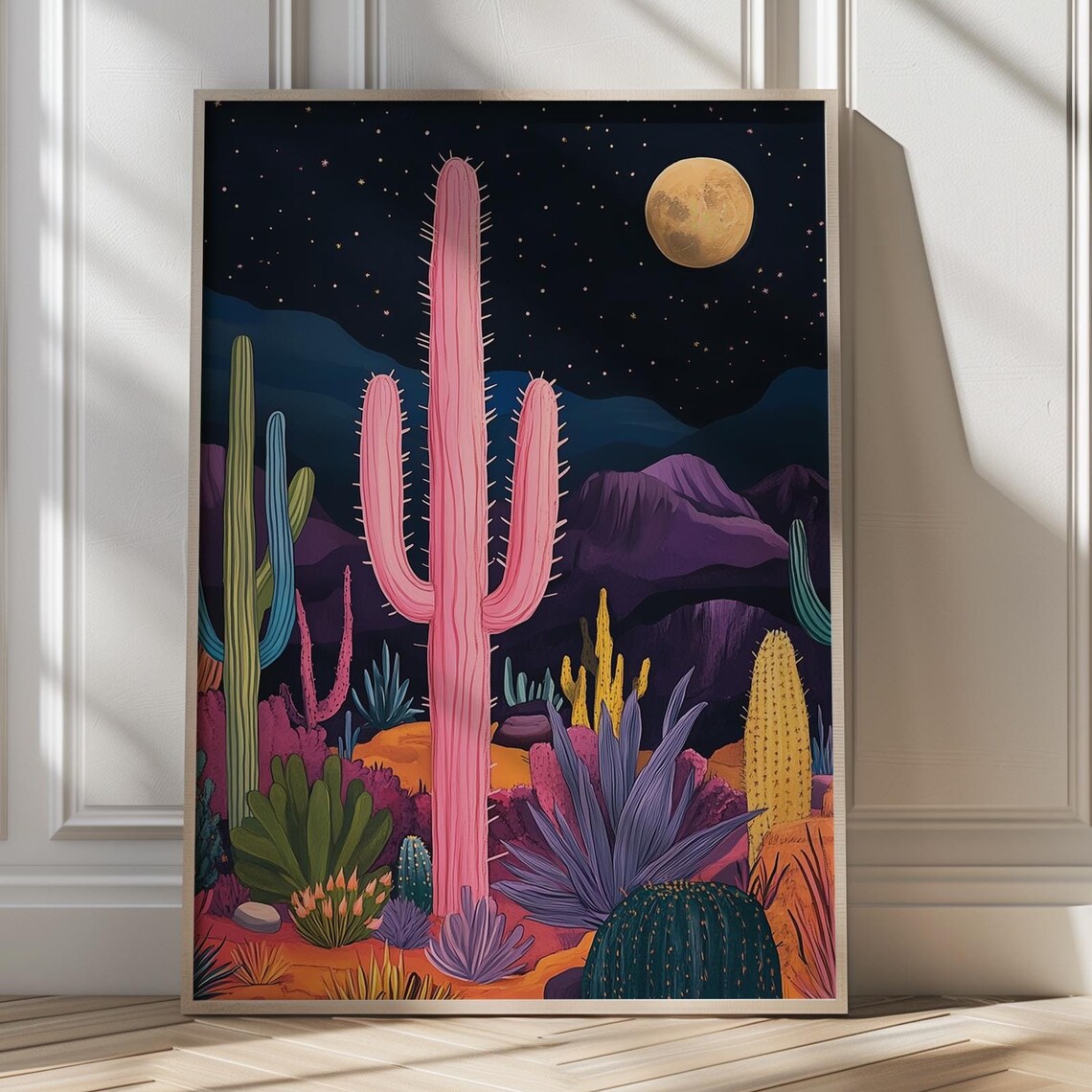 Colorful Desert Cactus Night Landscape Art Print