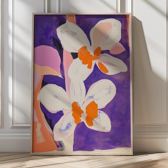 Bold Floral Painting Colorful Wall Decor Purple And Orange Botanical Minimalist Print Modern Contemporary Decor Living Room Dopamine Decor